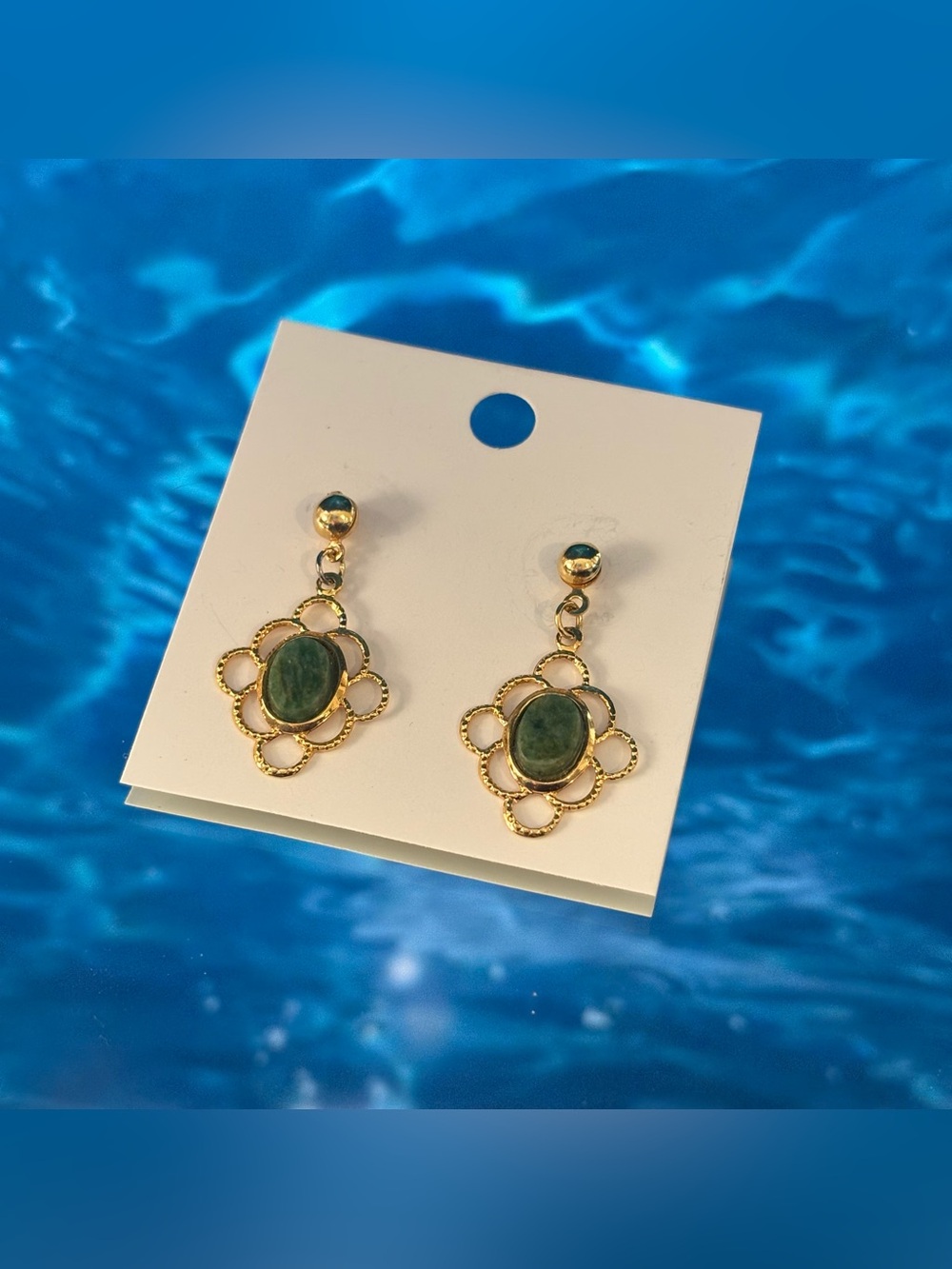 Gold Floral Drop Earrings with Green Stone
